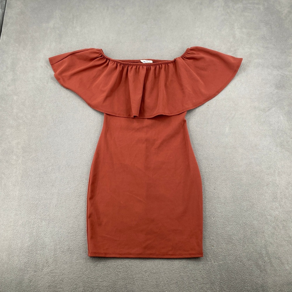 Brandy Blu Womens Small Rust Orange Ruffle Off The Shoulder Bodycon Mini Dress